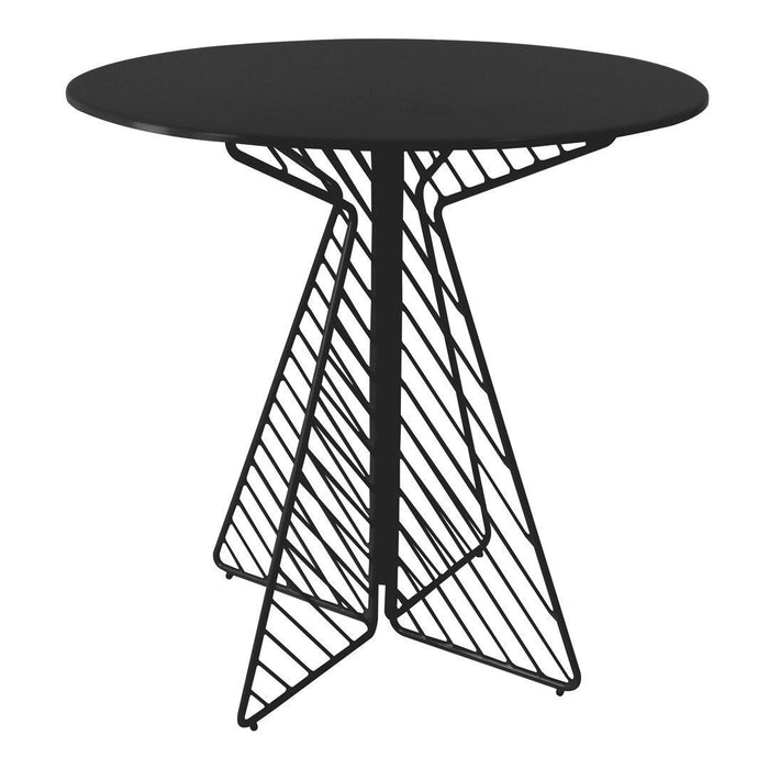 Black round tabletop with geometric wire design base in a modern style. Perfect for contemporary spaces.