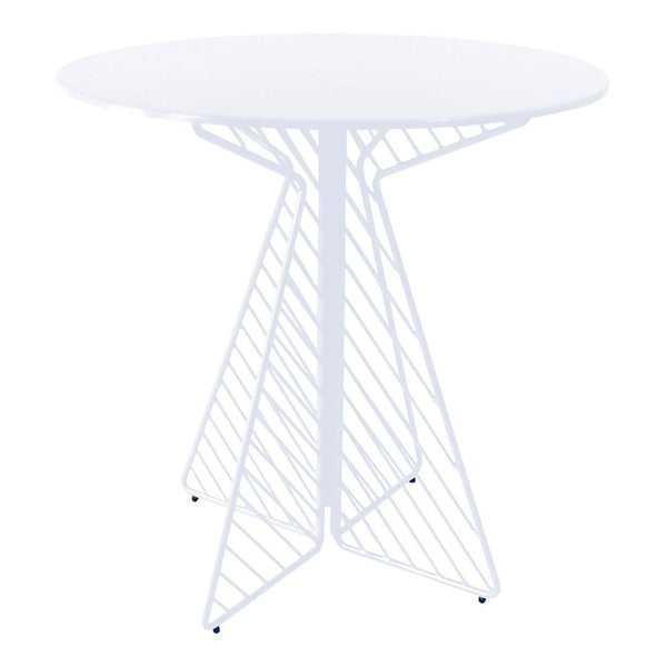 White round table with a modern geometric wire base, featuring clean lines and a minimalist design.