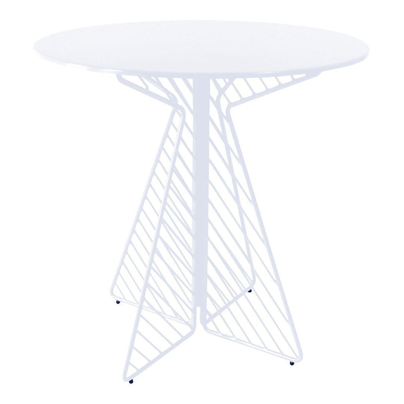 White round table with a modern geometric wire base, featuring clean lines and a minimalist design.