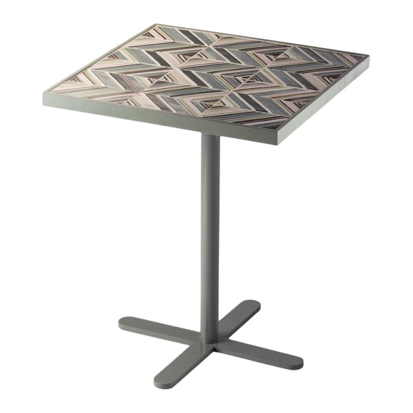 Square table with a geometric chevron pattern in neutral tones and a sleek grey metal base. Perfect for modern decor.