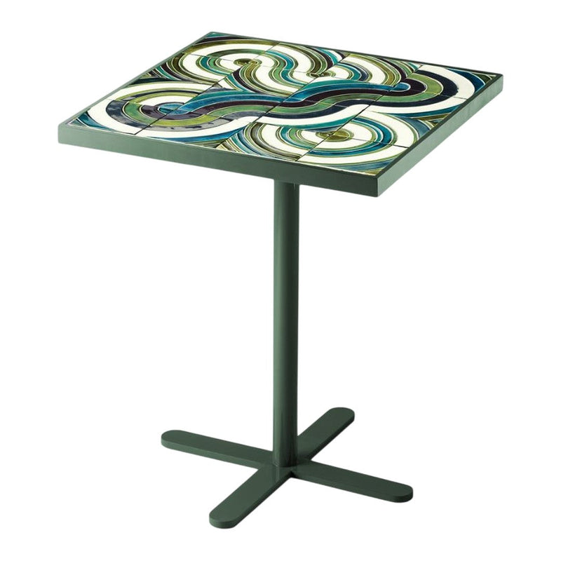 Colorful abstract swirl pattern with green, blue, and white on a square tabletop; sleek, modern design in a gray base.