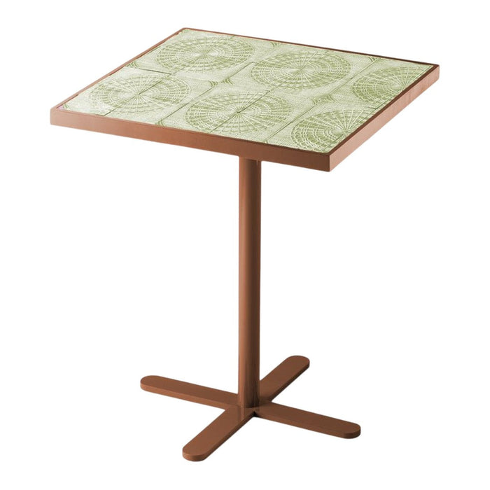 Square table with a textured green patterned surface and a brown, sturdy metal frame. Ideal for modern decor.