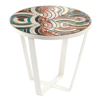 Colorful round side table with abstract swirling patterns in teal, bronze, and white on a sleek white metal base.
