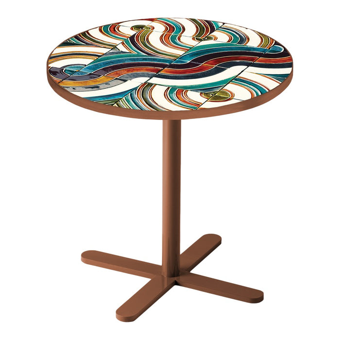 Colorful circular table with a wavy multicolor pattern in red, blue, green, and white on a brown base. Perfect for modern decor.