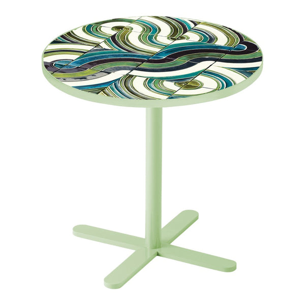Round table with a colorful wavy pattern in teal, green, and cream on a mint green base. Perfect for modern decor.
