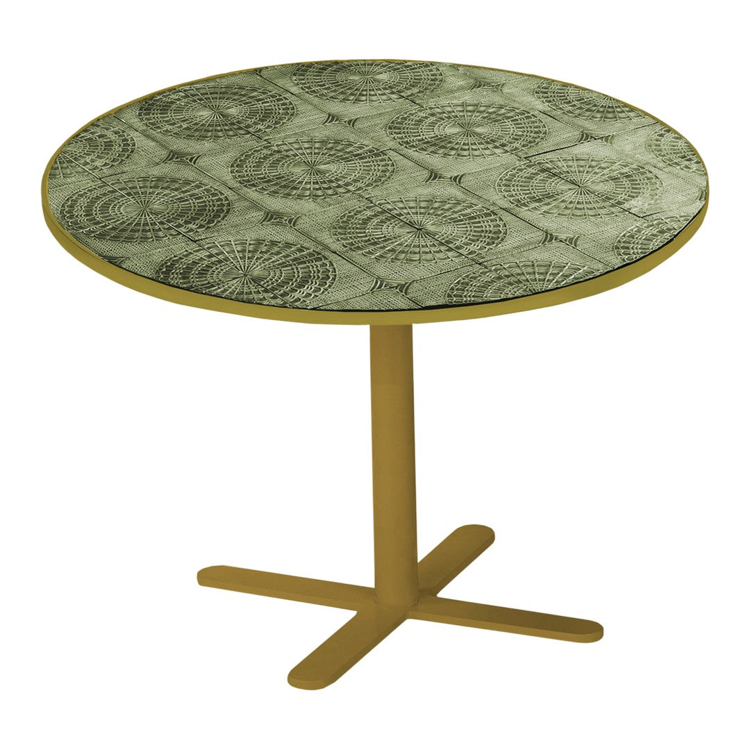 Round table featuring a textured green patterned top and a sleek gold base. Elegant design for modern decor.