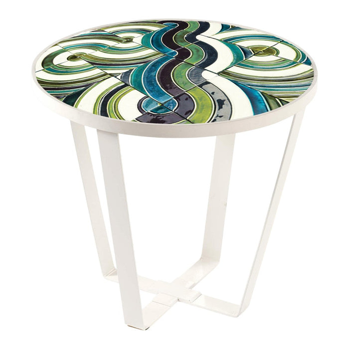 Round table with vibrant swirls in green, blue, and white patterns on a glossy top and sleek white legs.