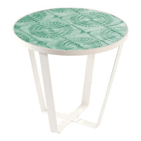 Round side table with a teal patterned top and white metal legs, featuring intricate circular designs.