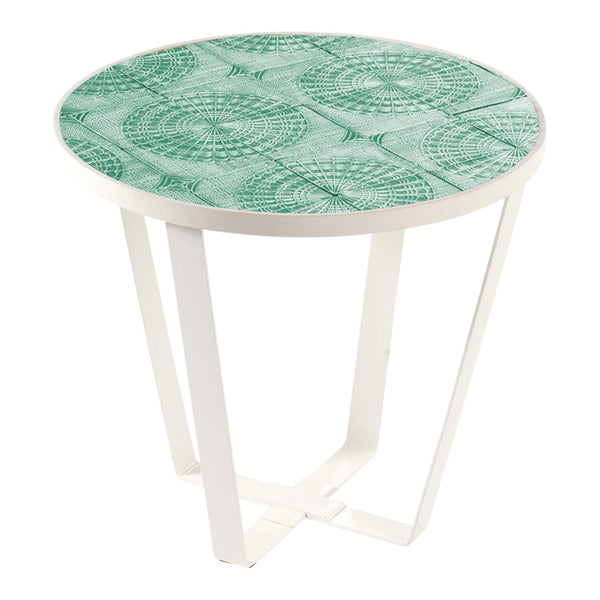 Round side table with a teal patterned top and white metal legs, featuring intricate circular designs.