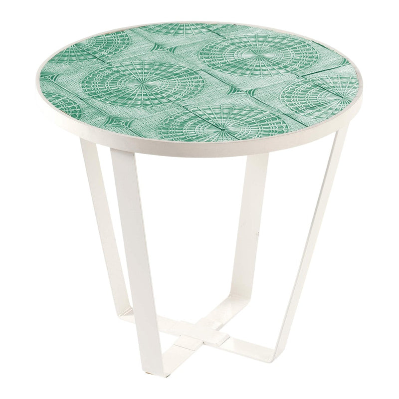 Round side table with a teal patterned top and white metal legs, featuring intricate circular designs.