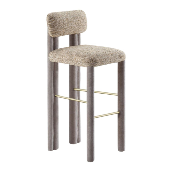 Beige textured upholstery with light gray wooden legs and subtle brass accents, creating a modern minimalist design.