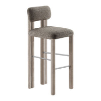 Taupe bar stool with a textured fabric seat and smooth wooden legs, featuring a minimalist design and soft, neutral tones.