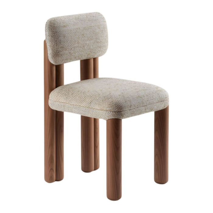 Light beige fabric upholstered chair with a minimalist design and walnut wood legs. Simple and modern aesthetic.
