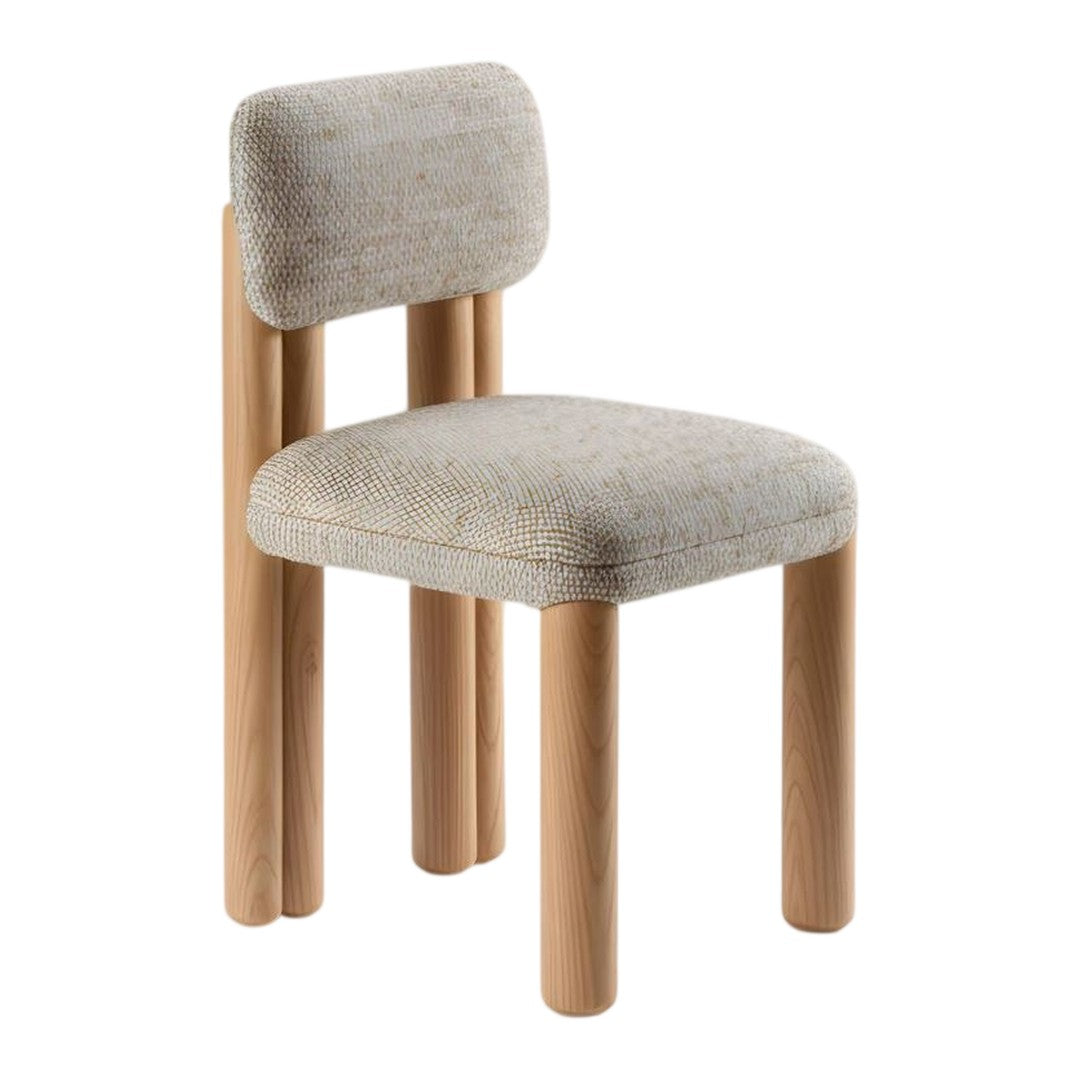 Light beige upholstered chair with a textured pattern and natural wood legs, featuring a minimalist design.
