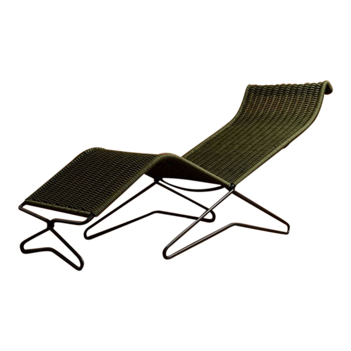 Olive green striped lounge chair with a minimalist black metal frame, featuring a chic, modern design.