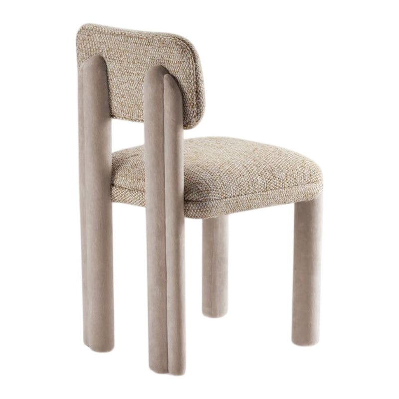 Beige upholstered chair with textured fabric and smooth, light-colored wooden legs. Modern and minimalist design.