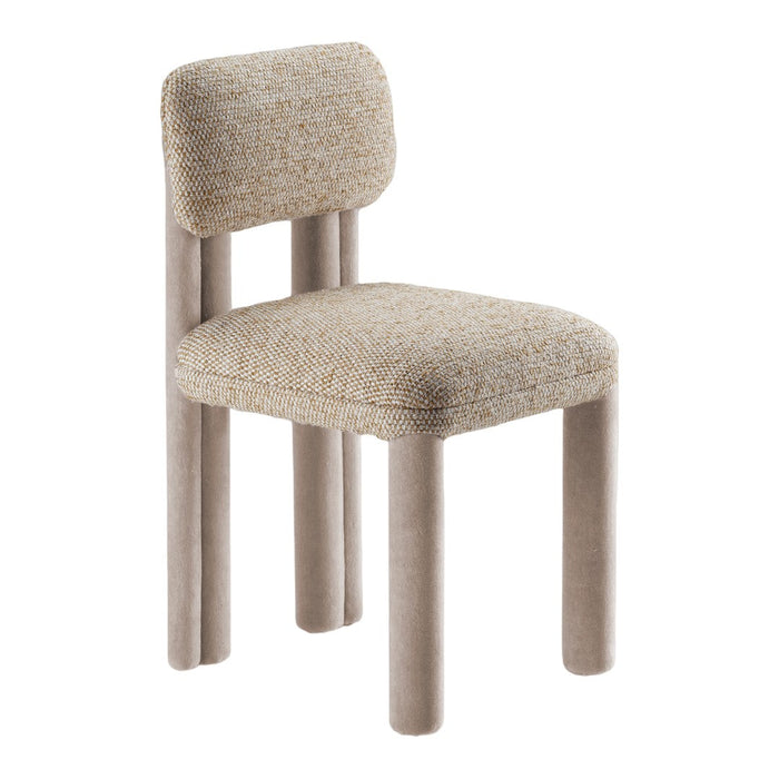 Beige textured upholstery with soft, rounded edges on light gray legs. Modern, minimalist design with subtle patterns.