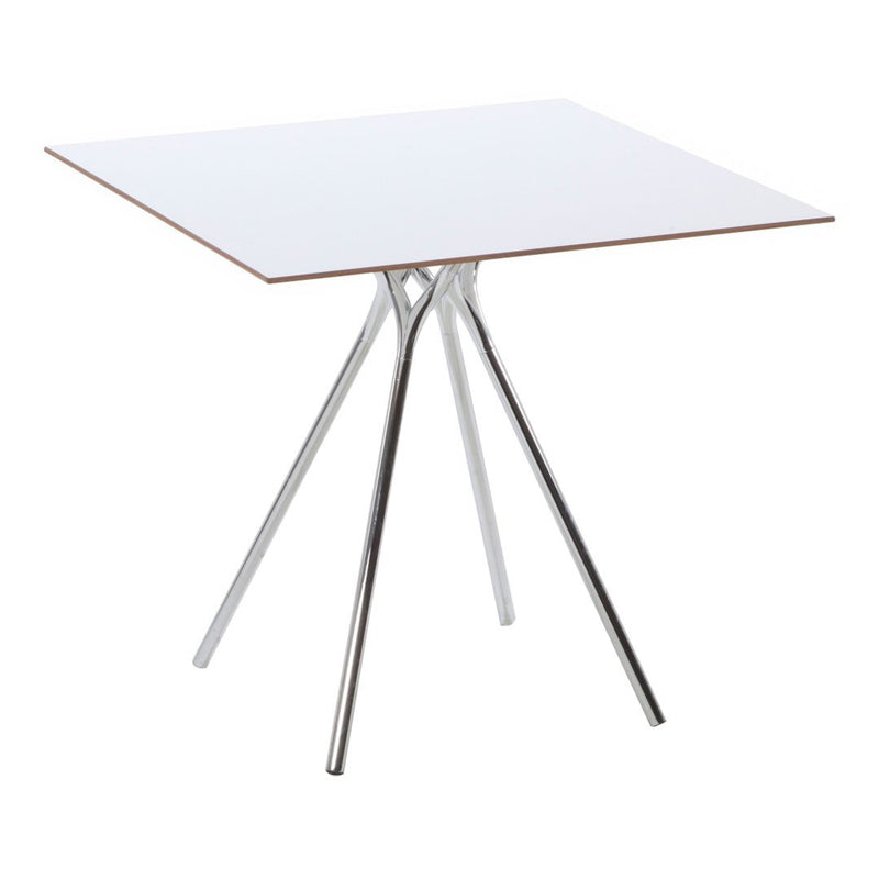 White square tabletop with a sleek, chrome tripod base, perfect for modern decor. Minimalist design with clean lines.