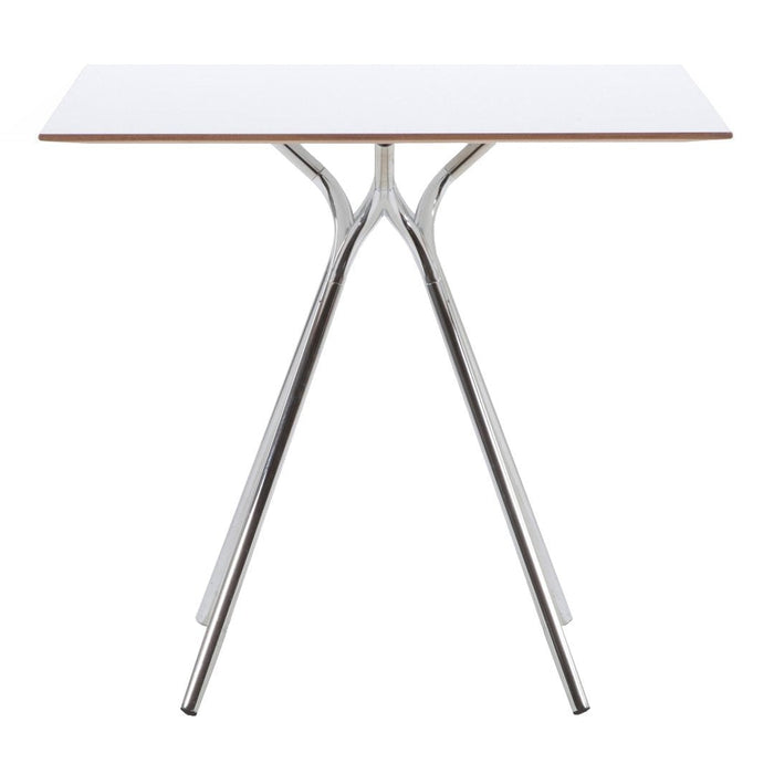 Modern white tabletop with natural wood accents and sleek chrome legs, featuring a minimalist design.