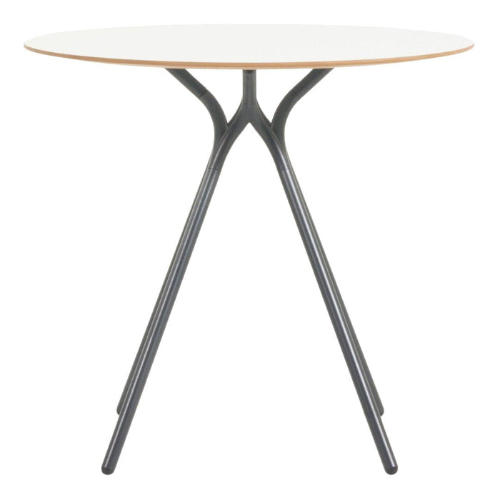 Modern round table with a sleek white top and contrasting gray metal legs. Minimalist design with clean lines.