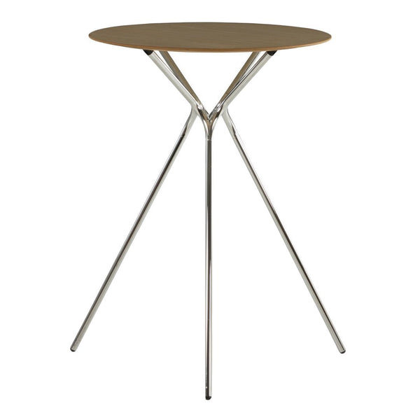 Round brown tabletop with sleek chrome tripod base, featuring a minimalist design and smooth finish.