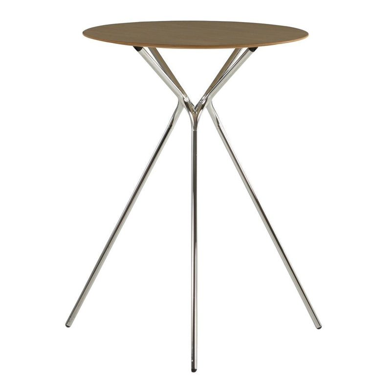 Round brown tabletop with sleek chrome tripod base, featuring a minimalist design and smooth finish.