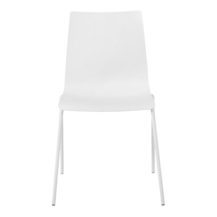 White modern dining chair with a sleek, minimalist design and smooth finish, set on slender white legs.