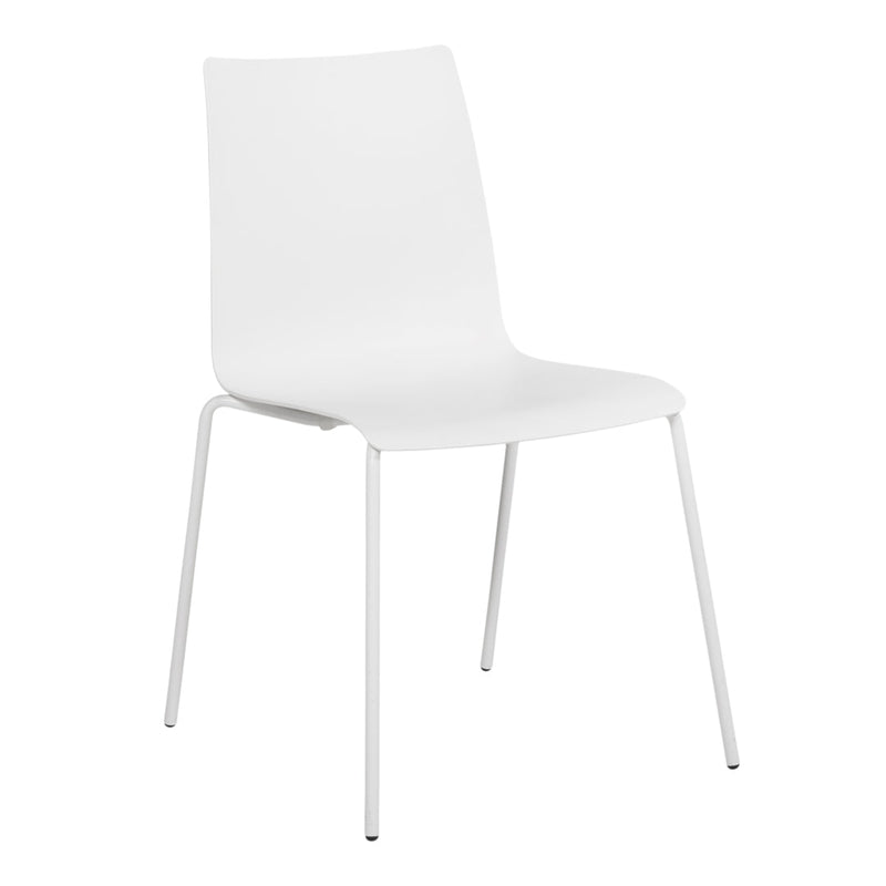 White minimalist chair with a smooth, modern design and sleek metal legs, perfect for contemporary decor.