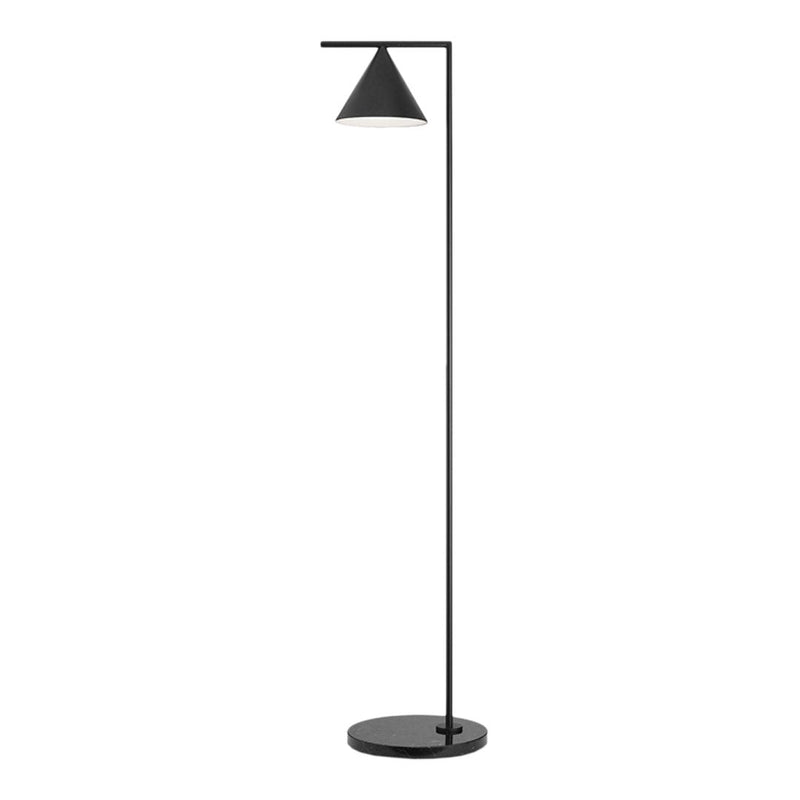 Modern black floor lamp with a sleek triangular shade and round base, featuring a minimalist design and clean lines.