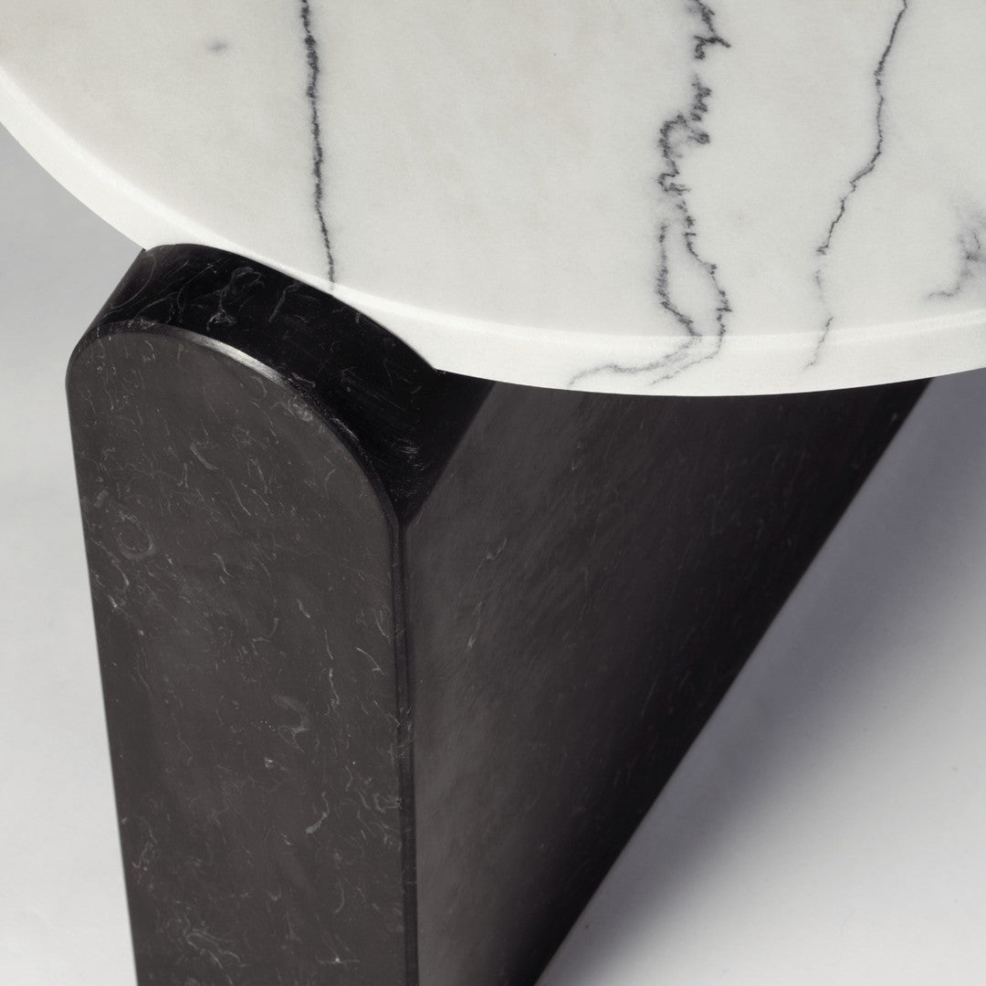 Black marble base with a white marble top featuring sleek gray veining patterns. Modern design accent for any space.