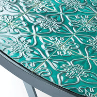 Teal patterned ceramic tiles with intricate designs on a circular table surface.