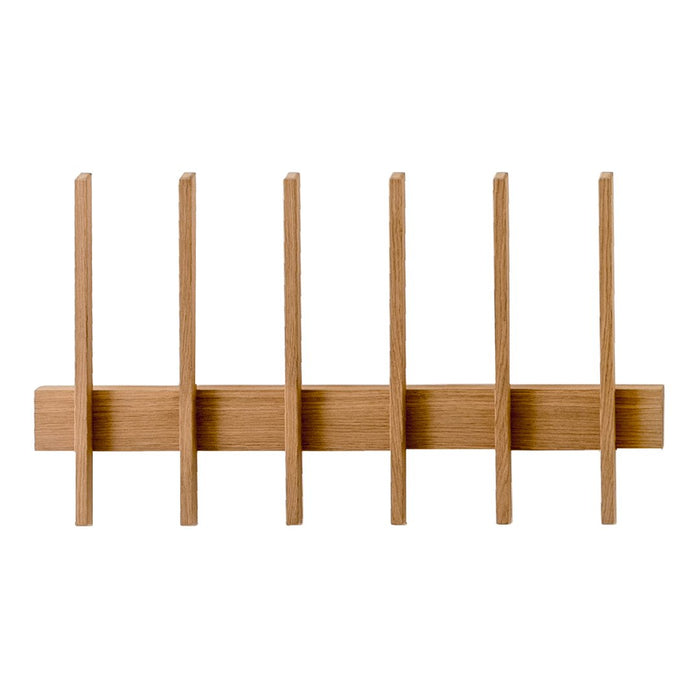 Natural wood wall rack with six vertical slats, featuring a warm honey finish and sleek minimalist design.