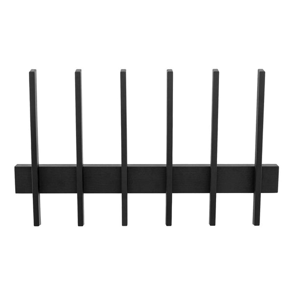 Black metal wall rack with minimalistic design and sleek vertical slats. Ideal for modern decor.