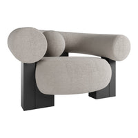 Stylish gray upholstered armchair with rounded shapes and black wooden legs, perfect for modern decor.