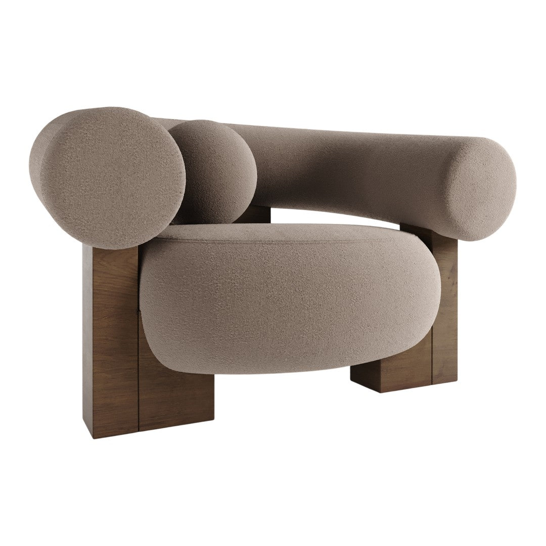 Curved brown upholstery armchair with rounded shapes and dark wooden legs, featuring a minimalist modern design.