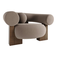 Curved brown upholstery armchair with rounded shapes and dark wooden legs, featuring a minimalist modern design.