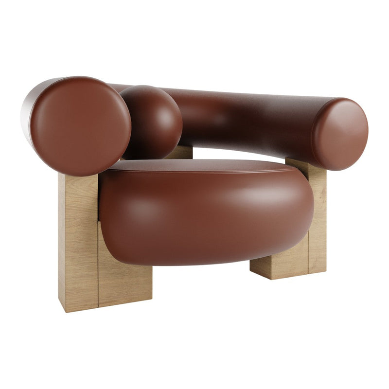 Brown leather chair with rounded shapes and a minimalist wooden base, featuring a contemporary design.