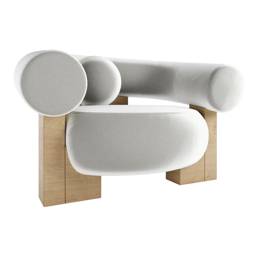 Modern white upholstered chair with round shapes and light wood legs, featuring a smooth, minimalist design.