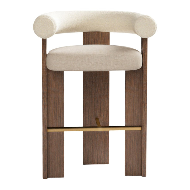 Beige fabric upholstery with dark wood frame and brass accents for a modern, minimalist look.