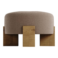 Beige upholstered ottoman with wood block legs, featuring a sleek, minimalist design. Perfect for modern decor.