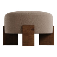 Round beige pouf with textured fabric, featuring wooden legs in a rich brown finish. Modern, minimalist design.