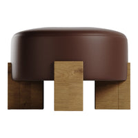 Brown upholstered ottoman with natural wooden legs, featuring a smooth, rounded design and minimalist aesthetic.