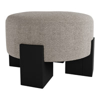 Round light gray ottoman with textured fabric and bold black wooden legs. Perfect for modern decor.