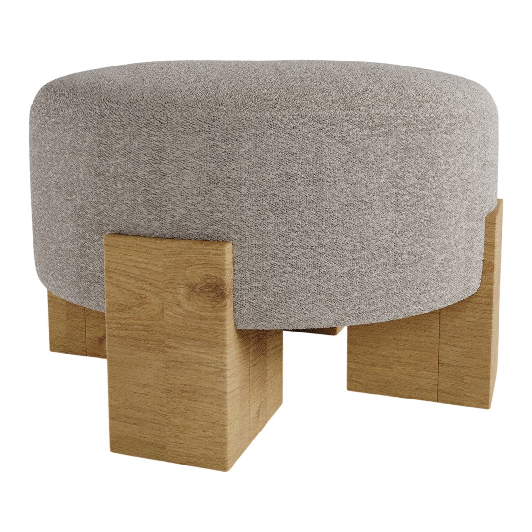 Gray upholstered ottoman with textured fabric and natural wood legs. Modern design for versatile decor.