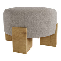 Gray upholstered ottoman with textured fabric and natural wood legs. Modern design for versatile decor.