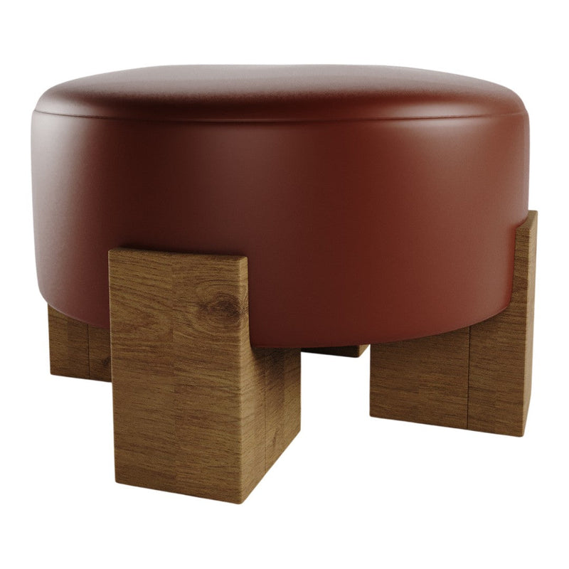 Round brown leather ottoman with rustic wooden legs, featuring a smooth, minimalist design and warm tones.