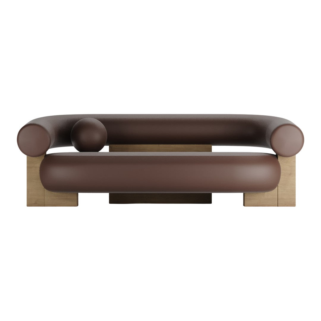 Brown curved sofa with smooth leather upholstery and a minimalist wood base. Elegant and modern design.
