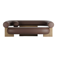 Brown curved sofa with smooth leather upholstery and a minimalist wood base. Elegant and modern design.