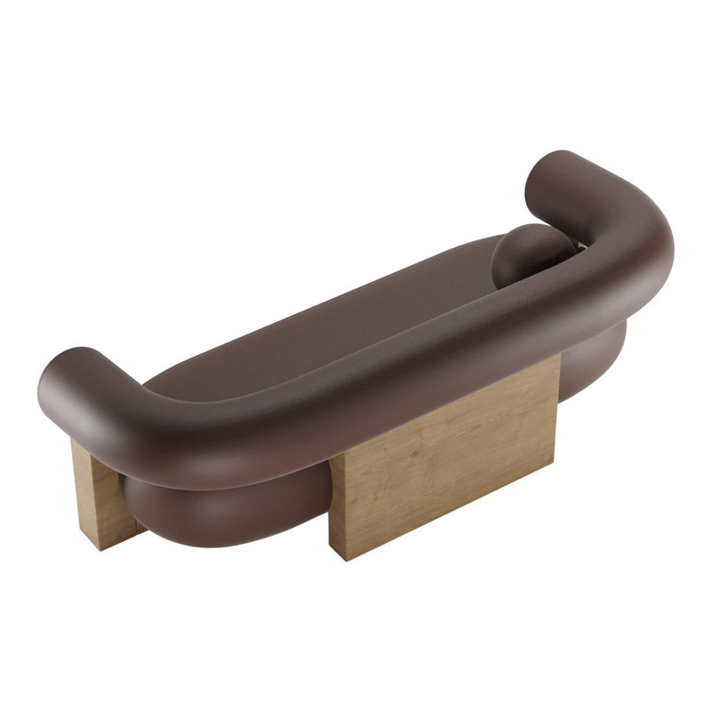 Stylish brown curved sofa with wooden base, featuring a smooth and modern design. Perfect for contemporary decor.