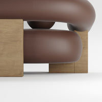 "Brown curved sofa with smooth contours and wooden base, featuring a modern minimalist design."